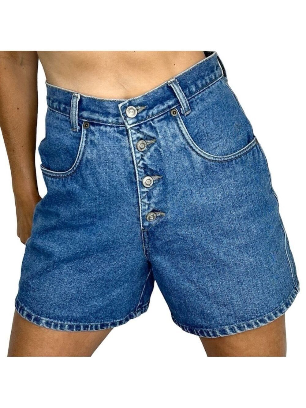 Vintage high rise exposed button fly 100% cotton denim jean shorts 7